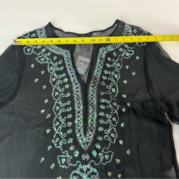 VENUS  Silk Sheer Black Swimsuit Coverup V-Neck Sequin Detailing Tunic Women's M - Picture 8 of 11